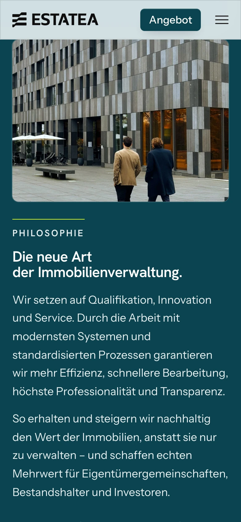 Abschnitt „Die neue Art der Immobilienverwaltung“ – Website von ESTATEA am Handy