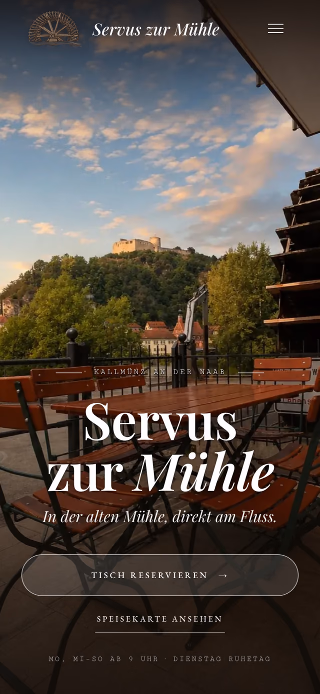 Die Website von Café Servus zur Mühle am Telefon, Ausschnitt 1