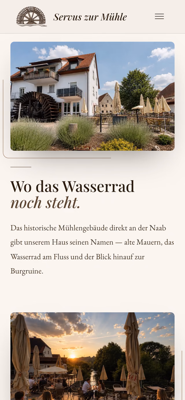Die Website von Café Servus zur Mühle am Telefon, Ausschnitt 2