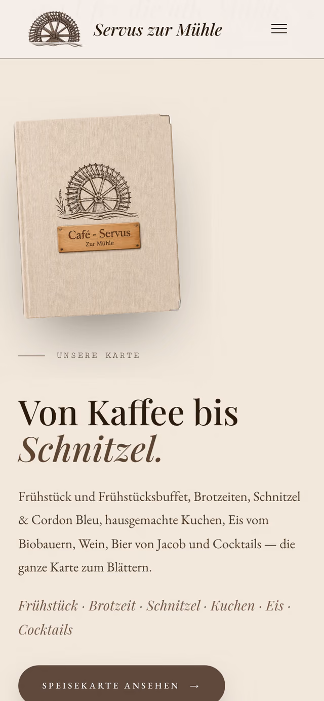 Die Website von Café Servus zur Mühle am Telefon, Ausschnitt 3
