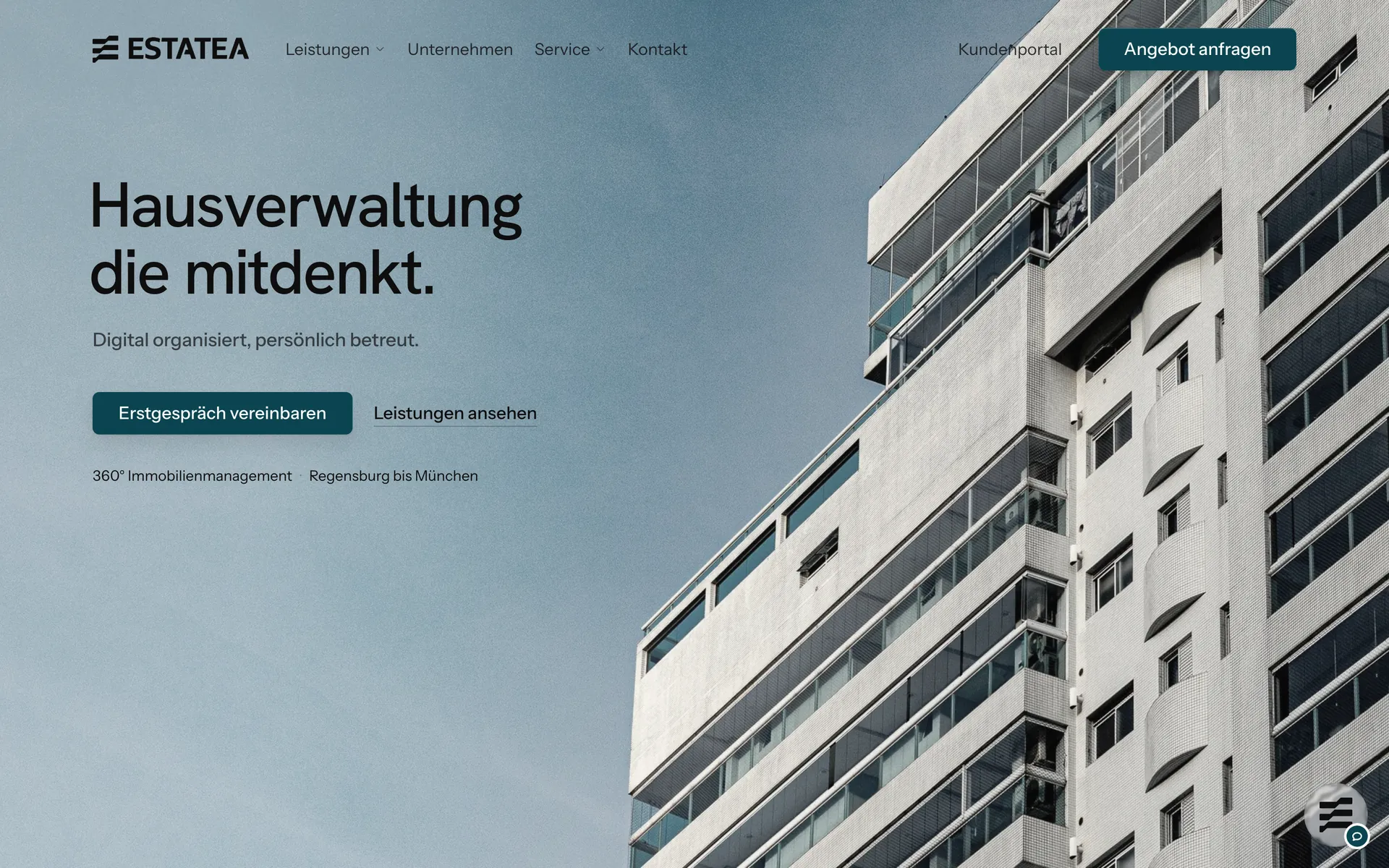 Seitenkopf mit Architekturaufnahme – Website von ESTATEA